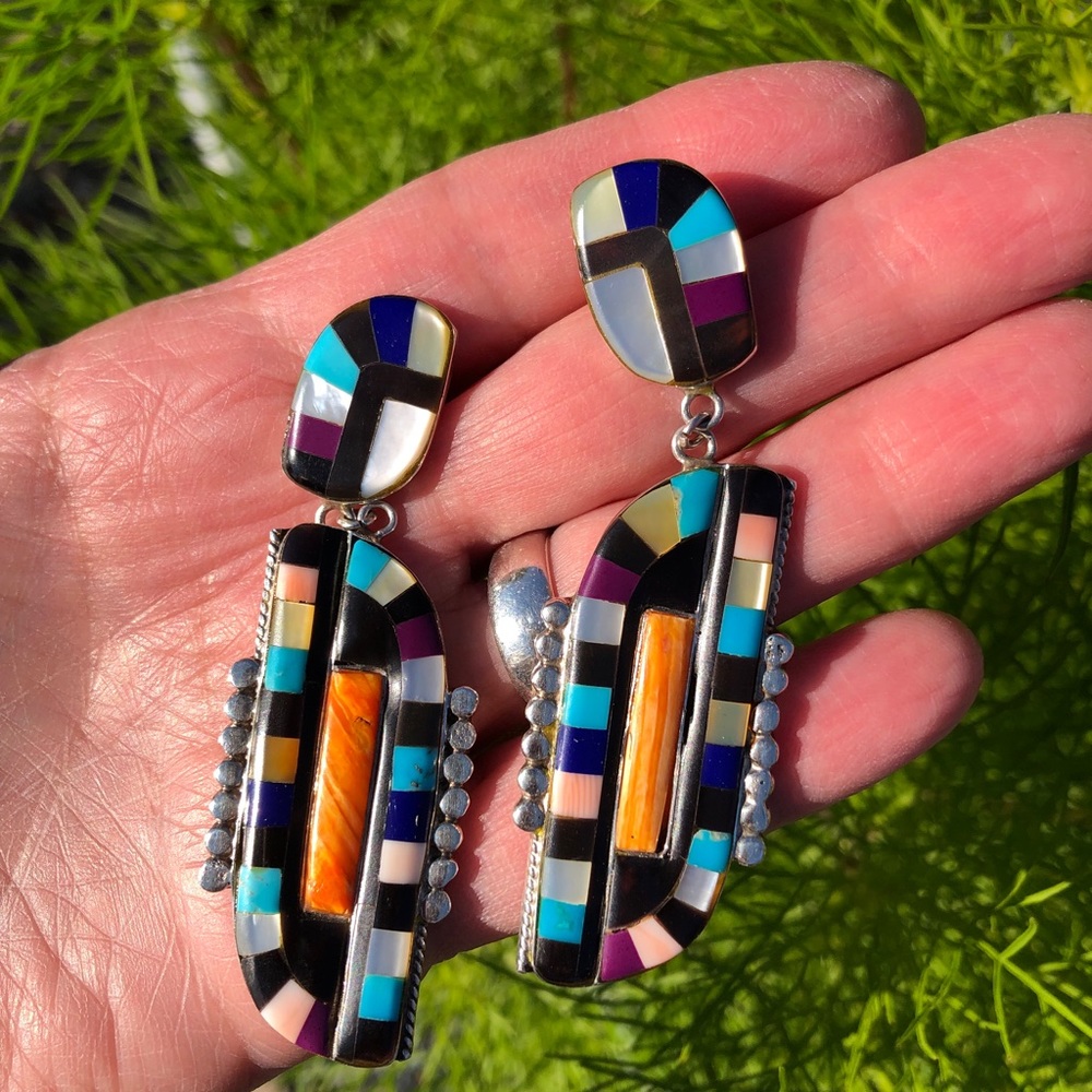 Vintage Native American - Multistone / Multigem Inlay Dangle Drop Earrings